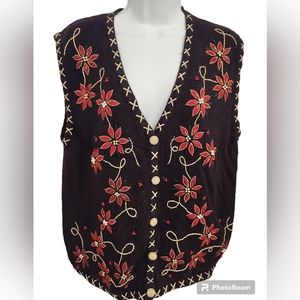 Bobbie Brooks red and black pointsetta button up  ramie blend sweater vest